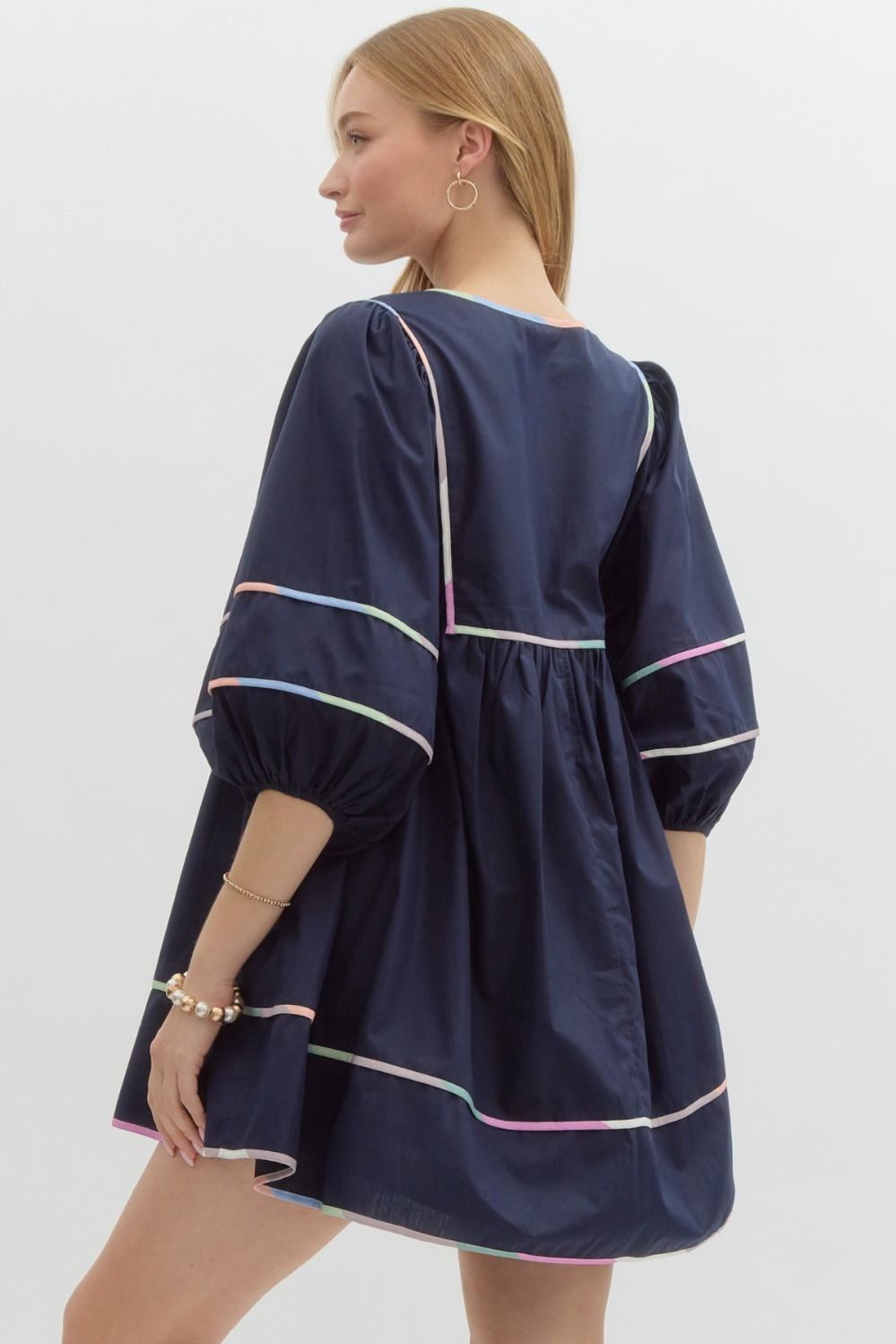 Navy Multicolor Trim Dress