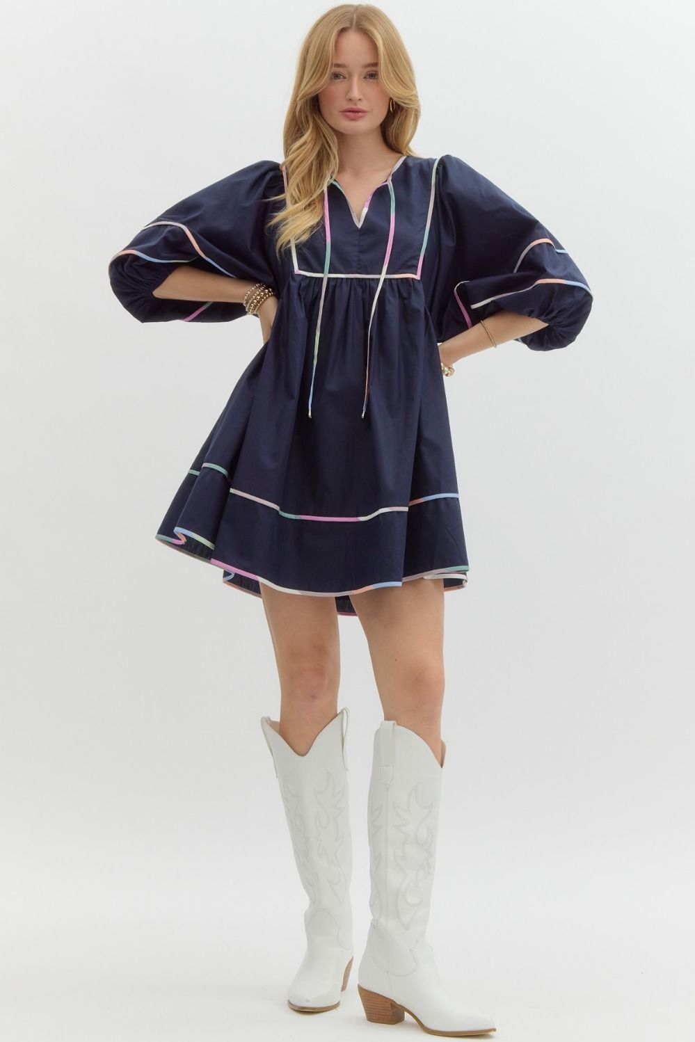 Navy Multicolor Trim Dress