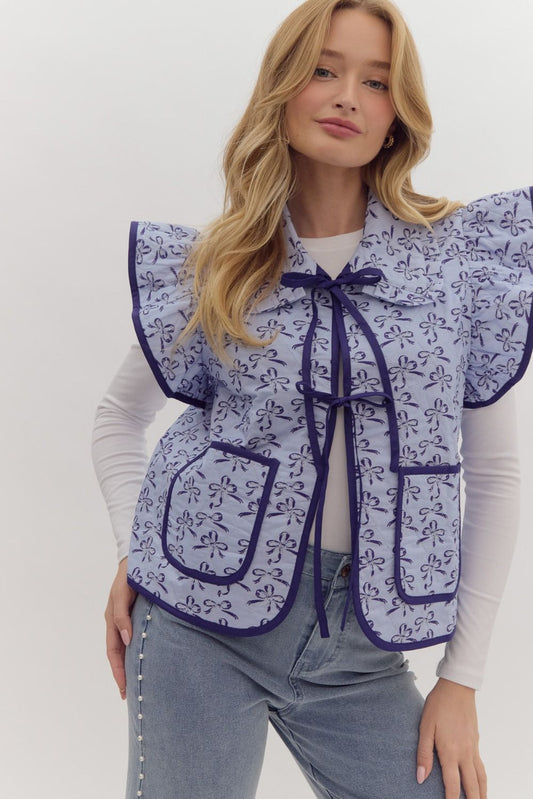 Blue Bow Print Contrast Binding Ruffle Vest