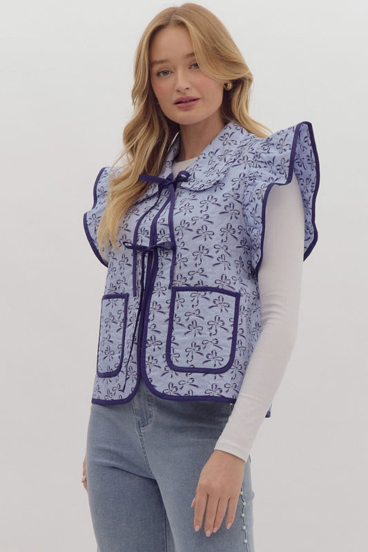 Blue Bow Print Contrast Binding Ruffle Vest
