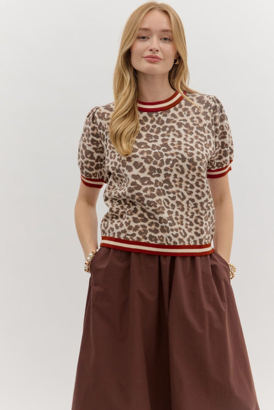 Maroon Leopard Puff Sleeve Blouse