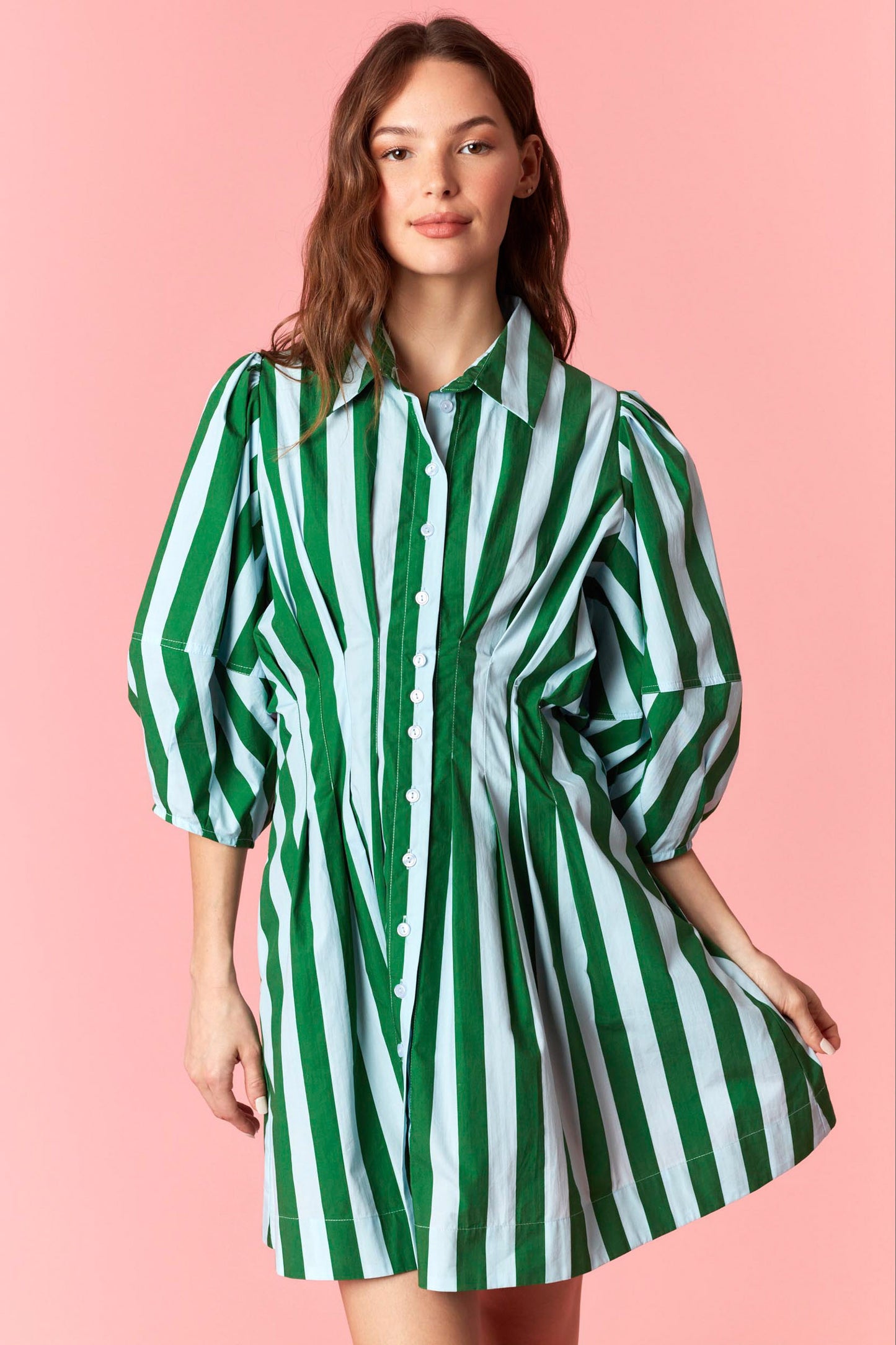 Stripe Pin Tuck Pleated Waist Dress
