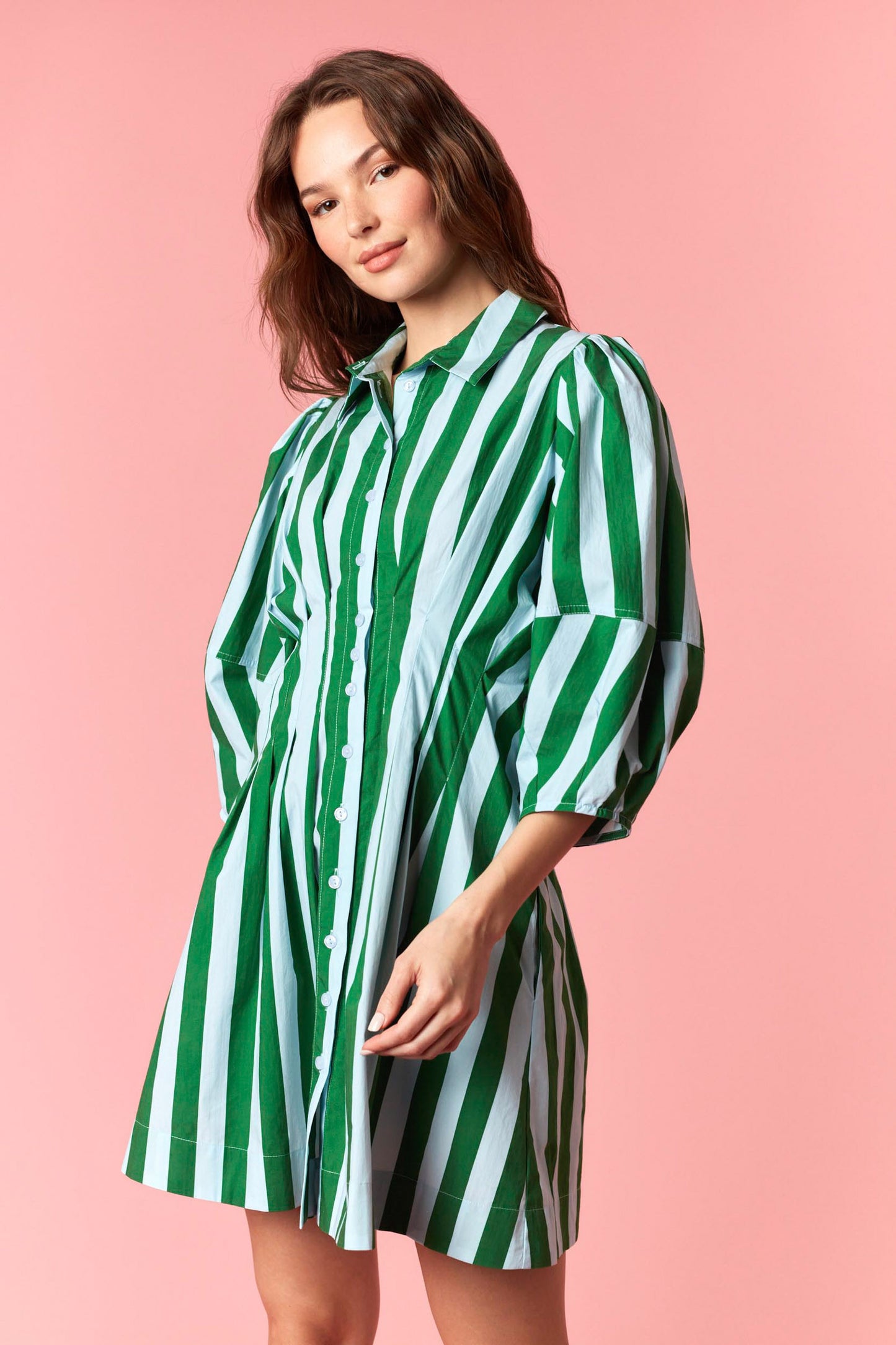 Stripe Pin Tuck Pleated Waist Dress