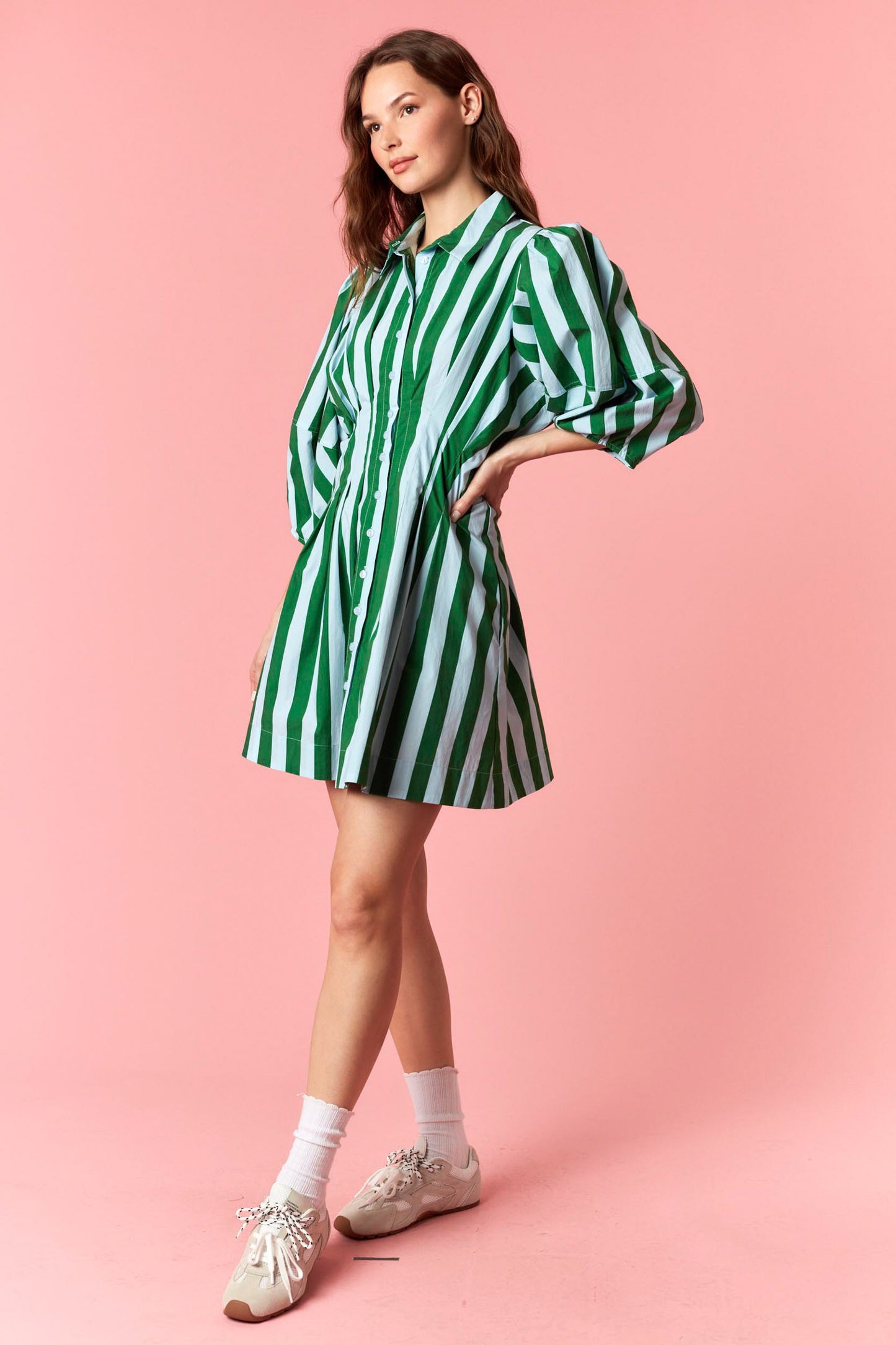 Stripe Pin Tuck Pleated Waist Dress