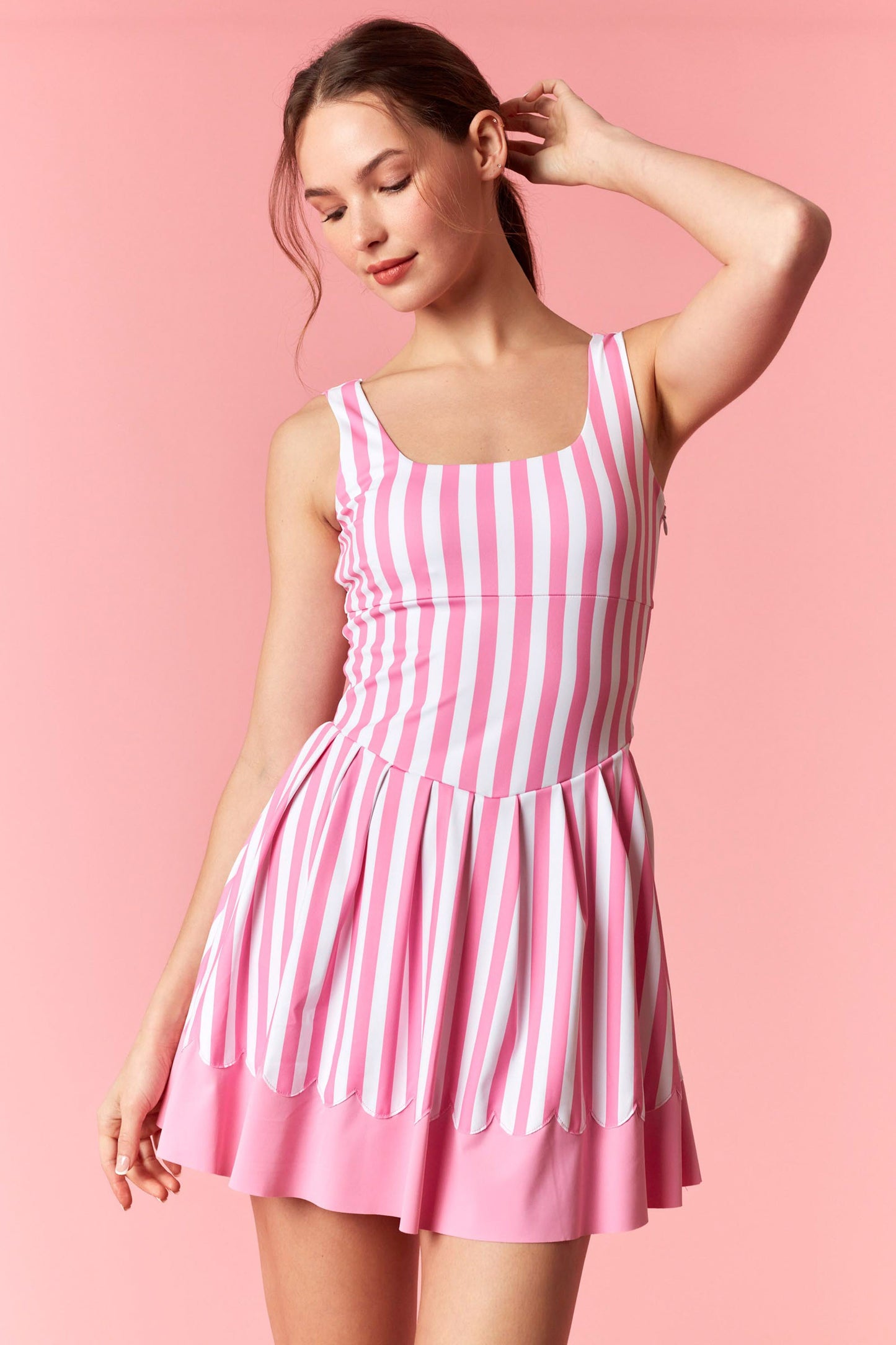 Pink Striped Scalloped Athletic Dress