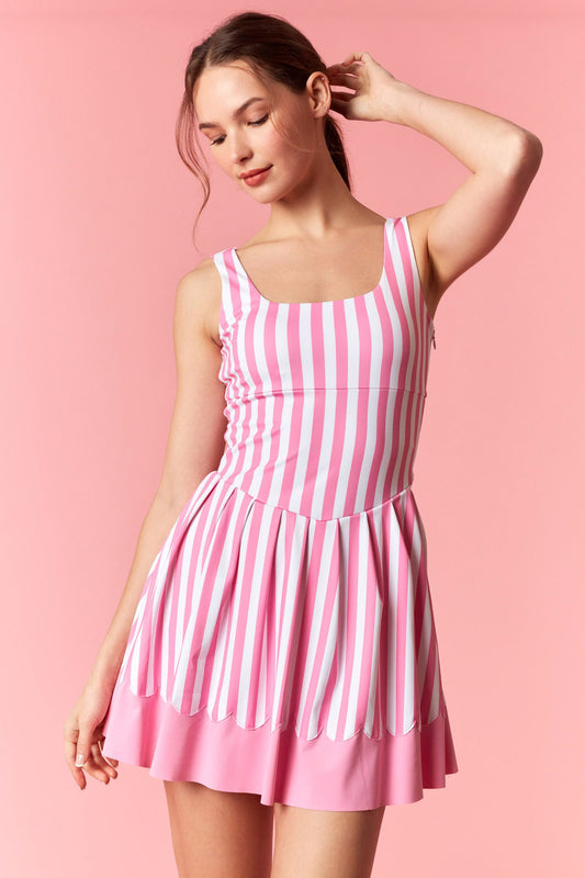 Pink Striped Scalloped Athletic Dress