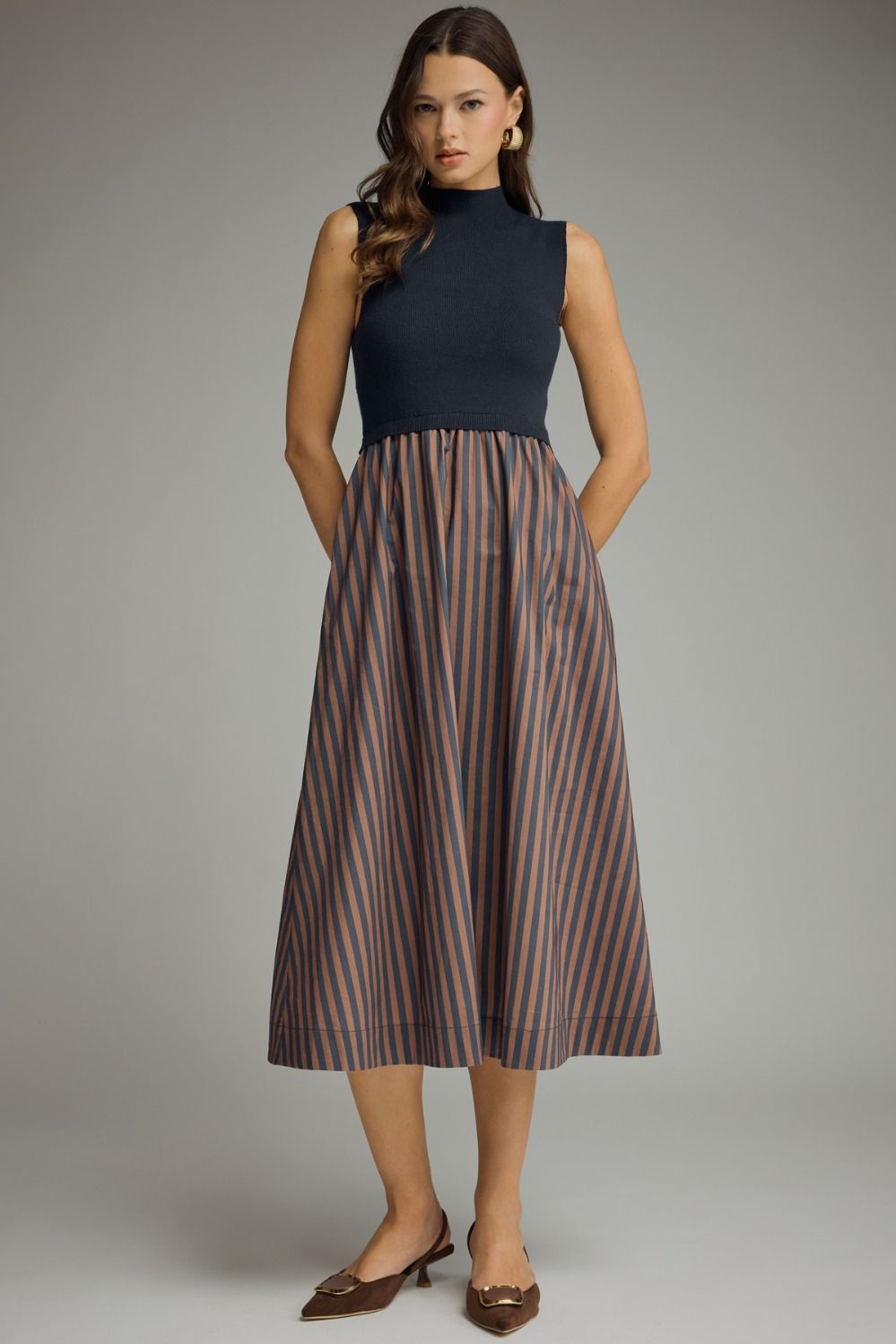Navy Striped Pleated Dress