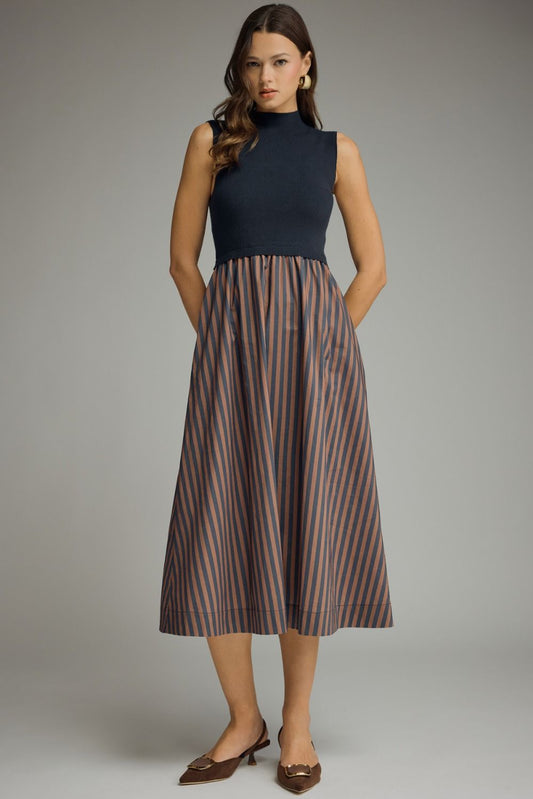 Navy Striped Pleated Dress