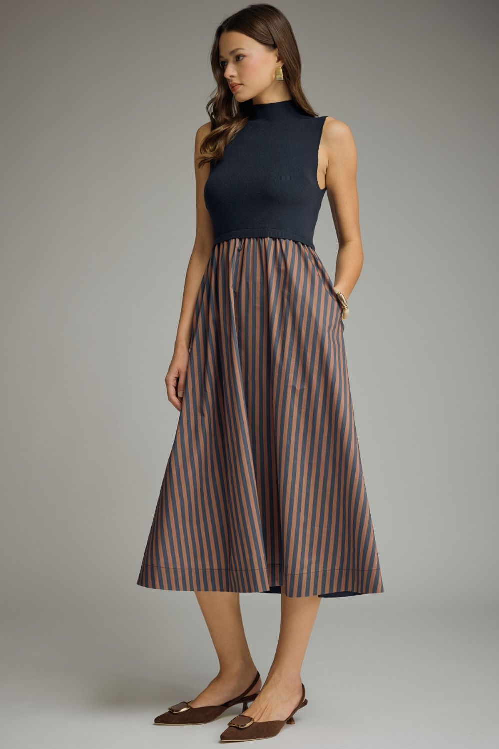 Navy Striped Pleated Dress