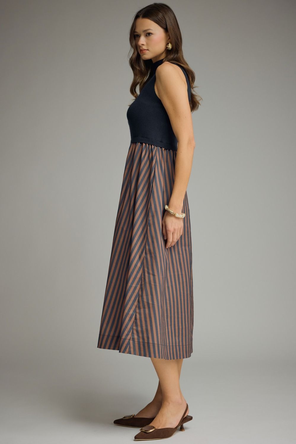 Navy Striped Pleated Dress