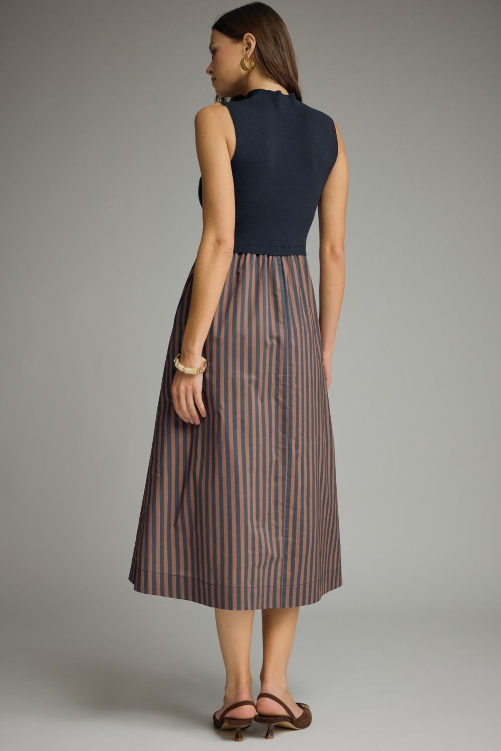 Navy Striped Pleated Dress
