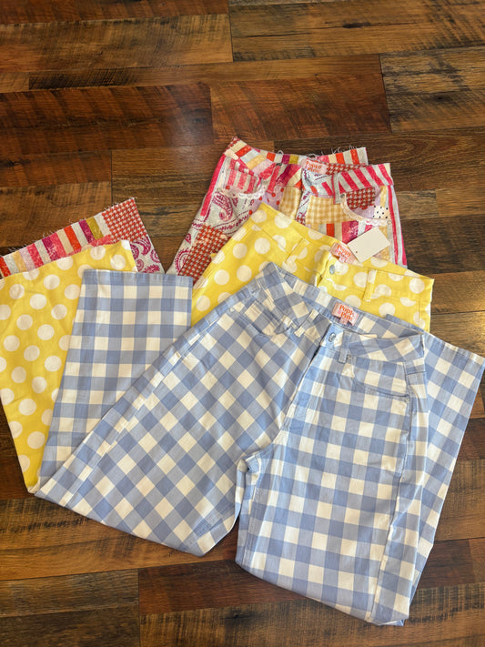 Blue Gingham Barrel Pants