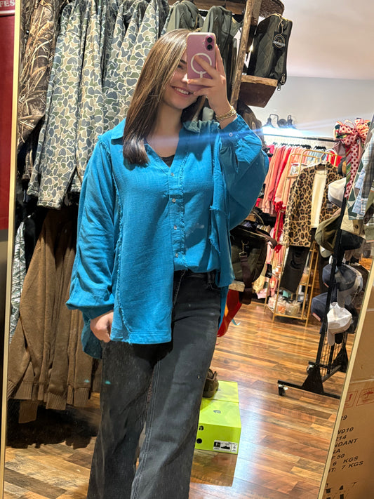 Umgee teal linen contrast stitch top