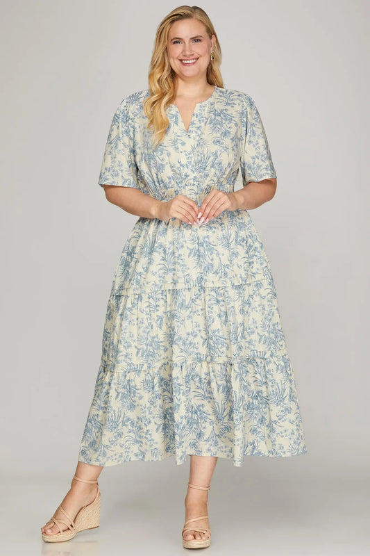 Floral Print V Neck Midi Dress