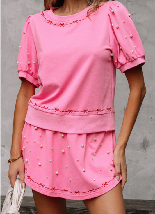PINK BOW TRIM PUFF SLEEVE SKORT SET (PEARLS)