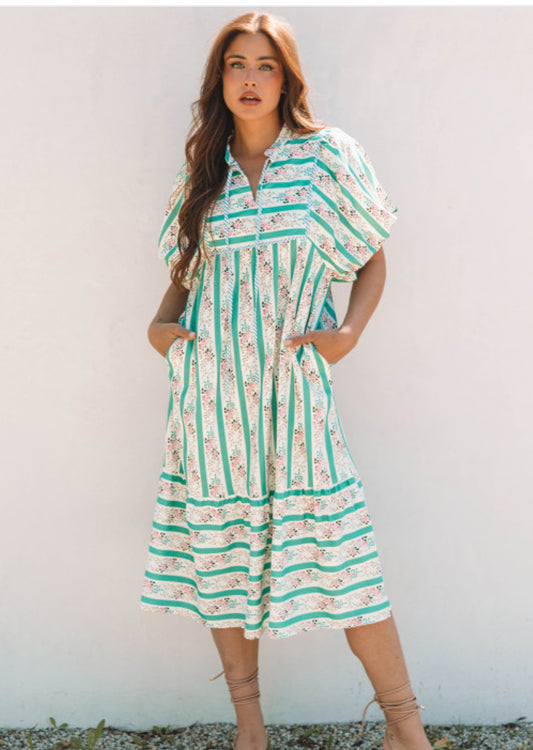 STRIPED FLORAL MIDI DRESS