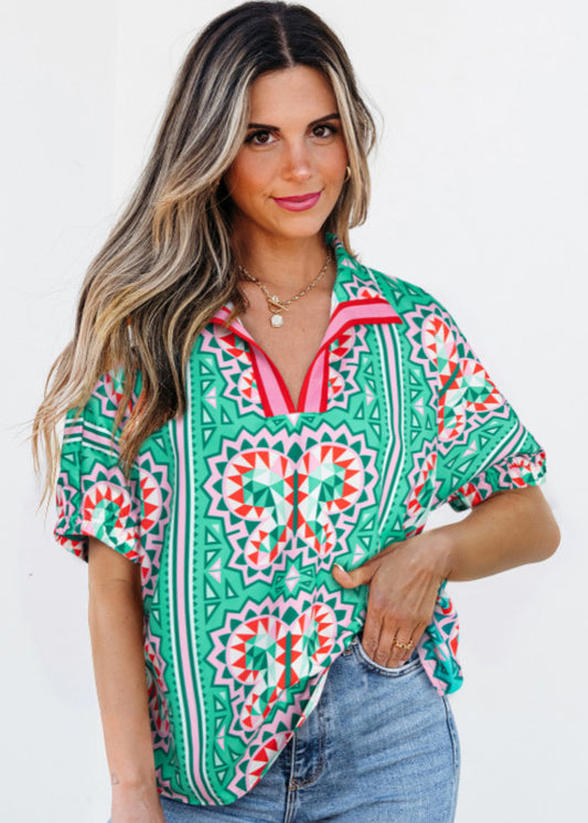 SEA GREEN BOHO V NECK TOP