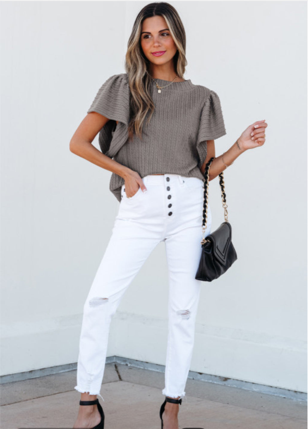 Sleet Solid Color Textured Flutter Sleeve Top