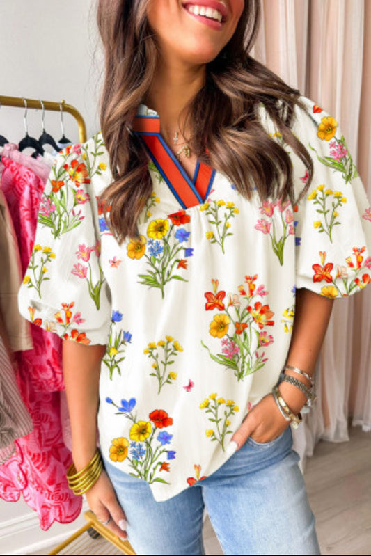 WHITE FLORAL PUFF SLEEVE V NECK TOP