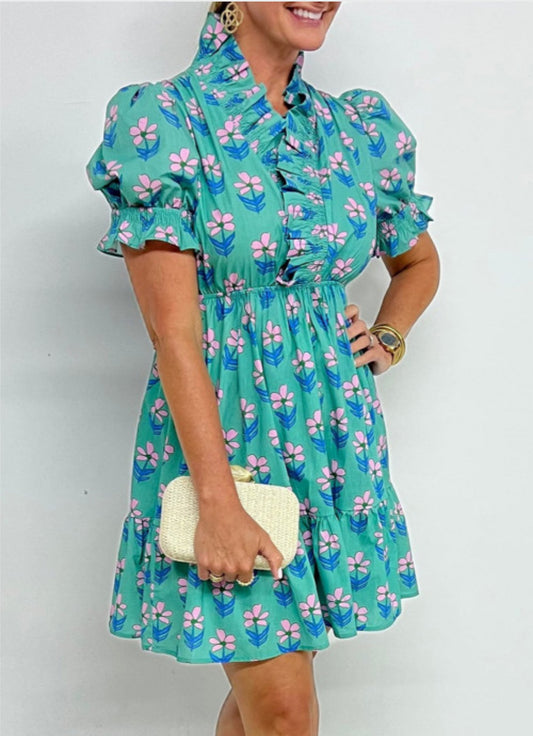 GREEN FLORAL SMOCKED HIGH WAIST MINI DRESS