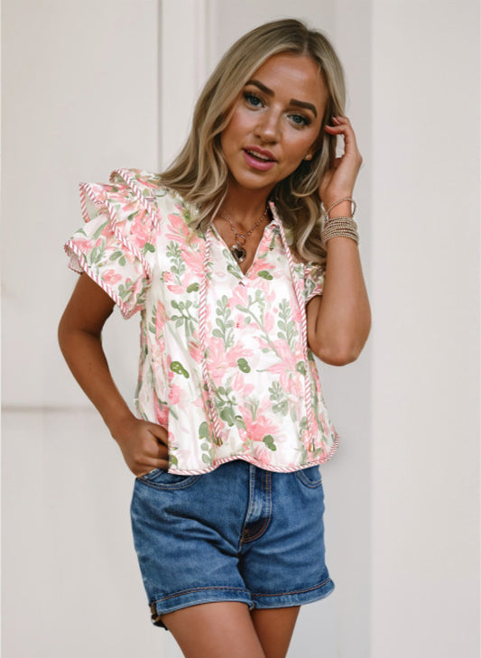 PINK FLORAL PRINT RUFFLED SLEEVE V NECK BLOUSE