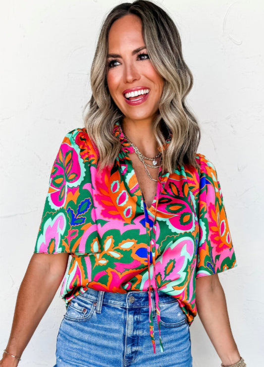 ROSE FLORAL LACE UP V NECK BLOUSE