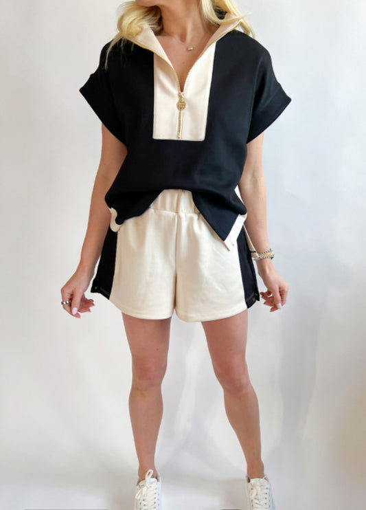 BLACK CONTRAST COLLARED TOP AND SHORTS SET