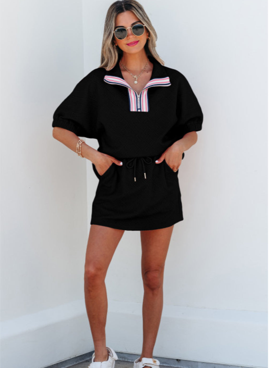 BLACK STRIPED COLLAR SKIRT SET