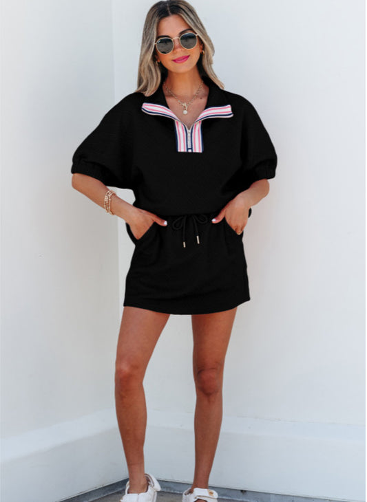 BLACK STRIPED COLLAR SKIRT SET