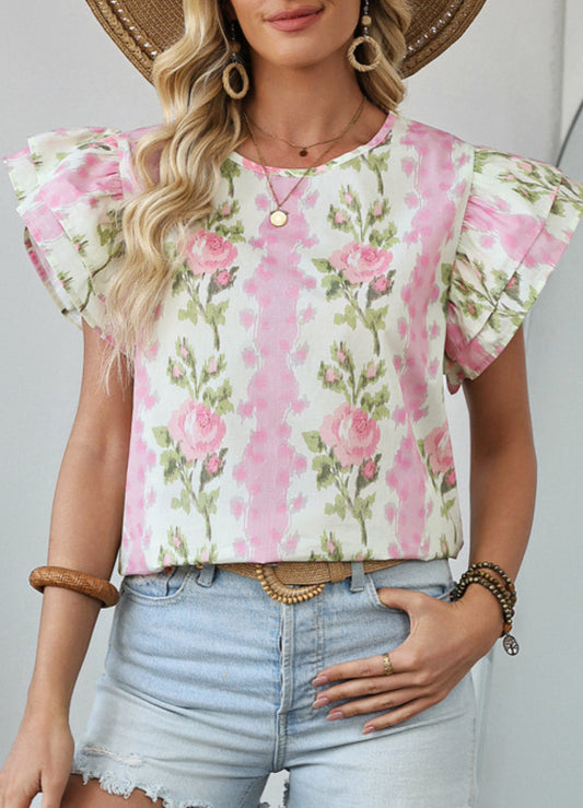 PINK FLORAL RUFFLED TOP