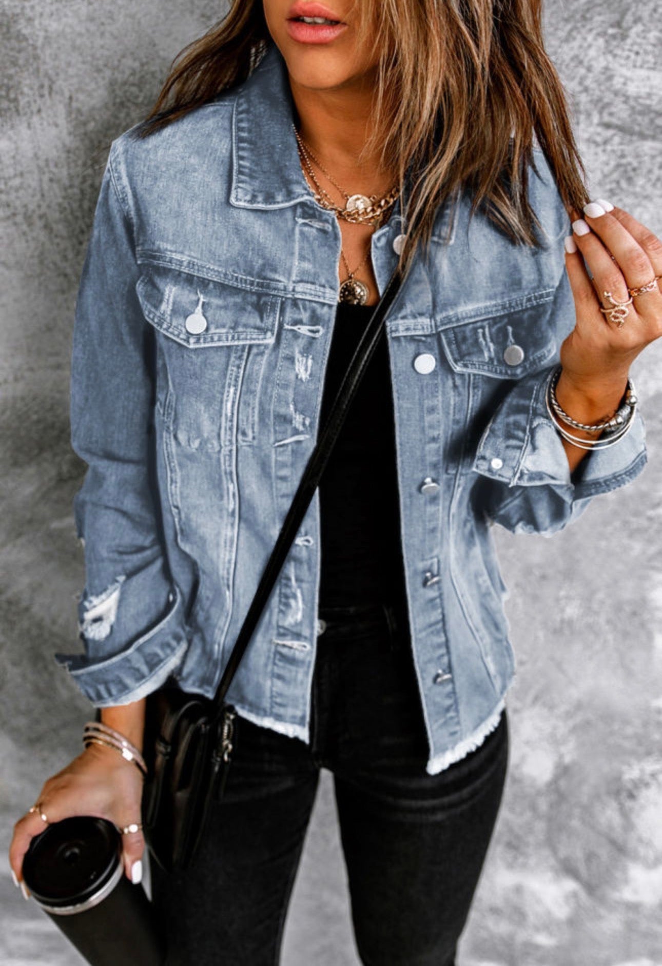 Sky Blue Raw Hem Buttons Denim Jacket