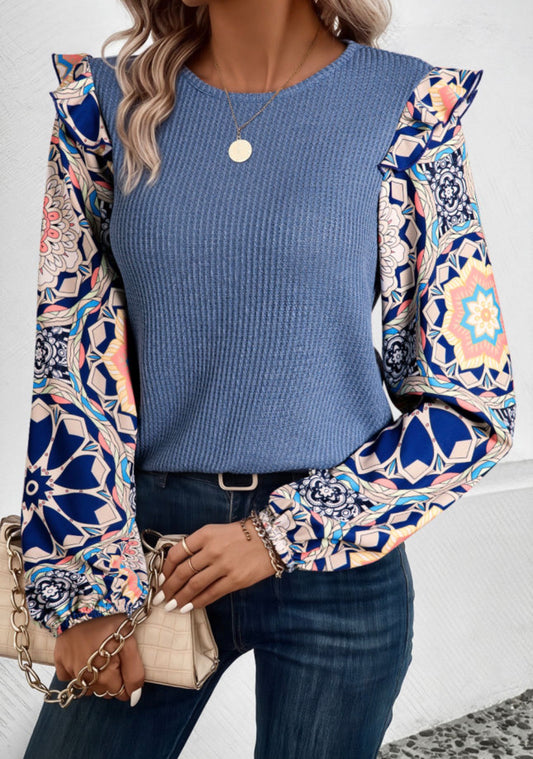 Blue Ruffle Floral Sleeve Top
