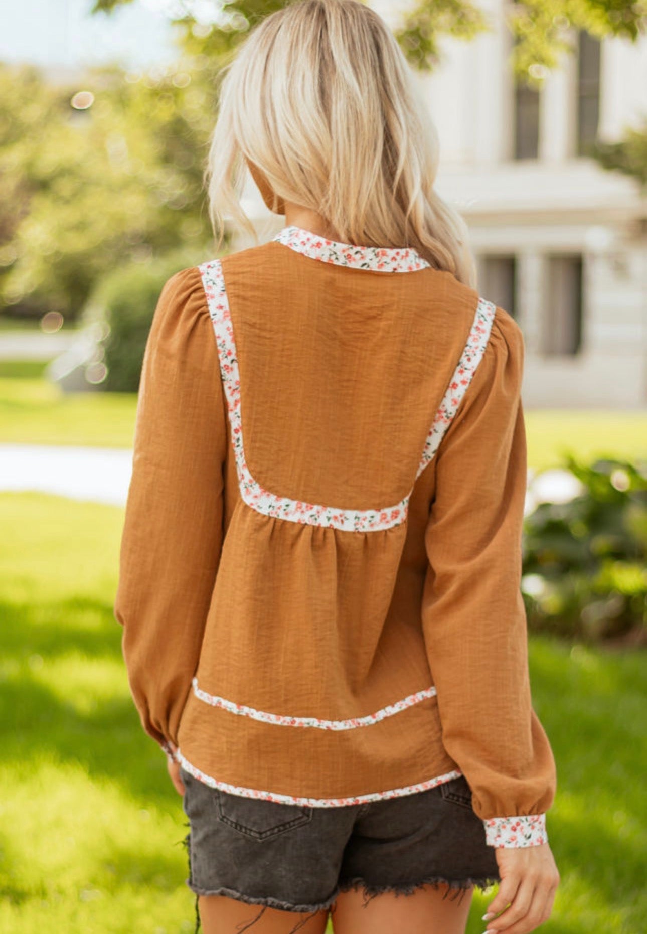 Split Neck Pleated Floral Blouse