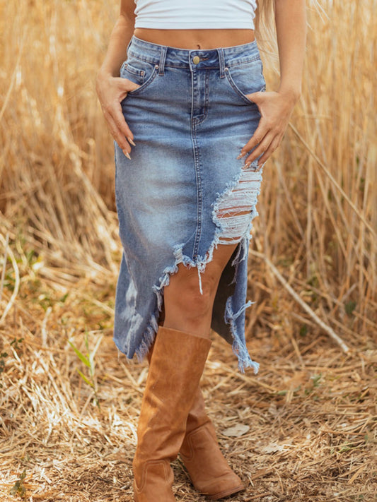 Distressed blue Jean skirt