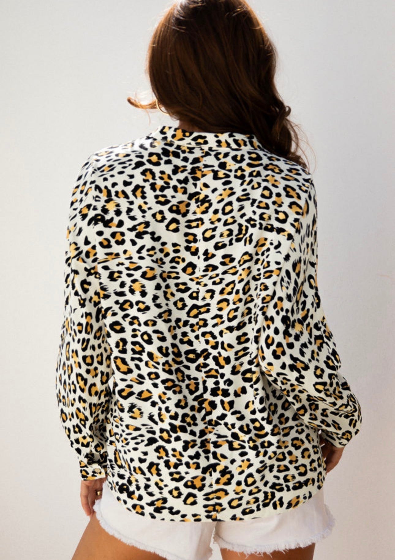 Khaki leopard print contrast collar blouse