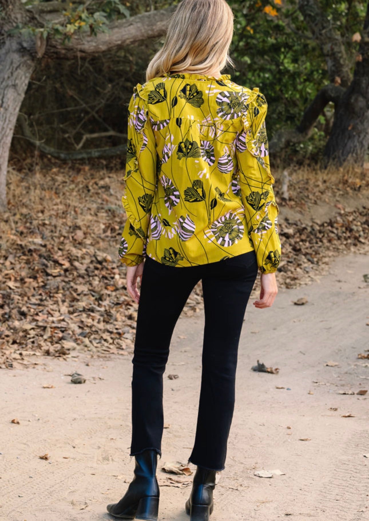 Yellow Vintage Floral V Neck Ruffle Blouse