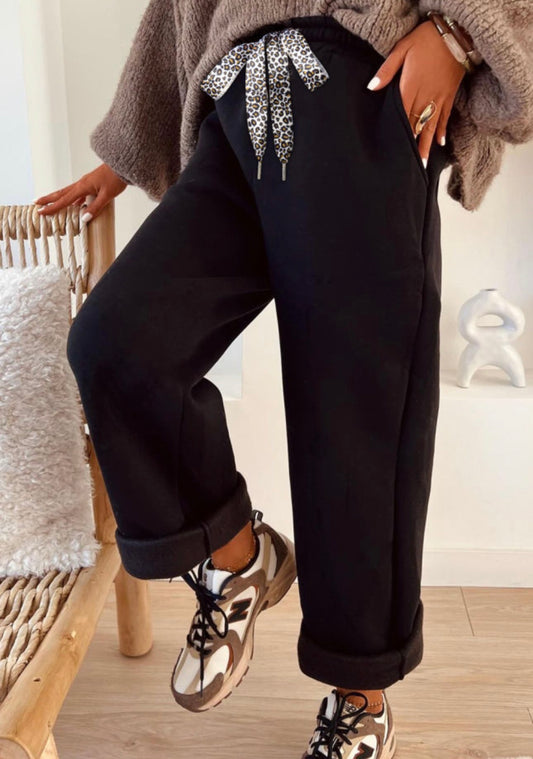 Black Fleece Lined Leopard Drawstring Sweatpants