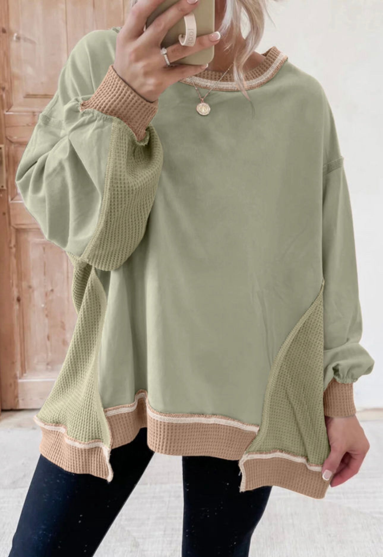 Smoke Green Color Block Long Sleeve