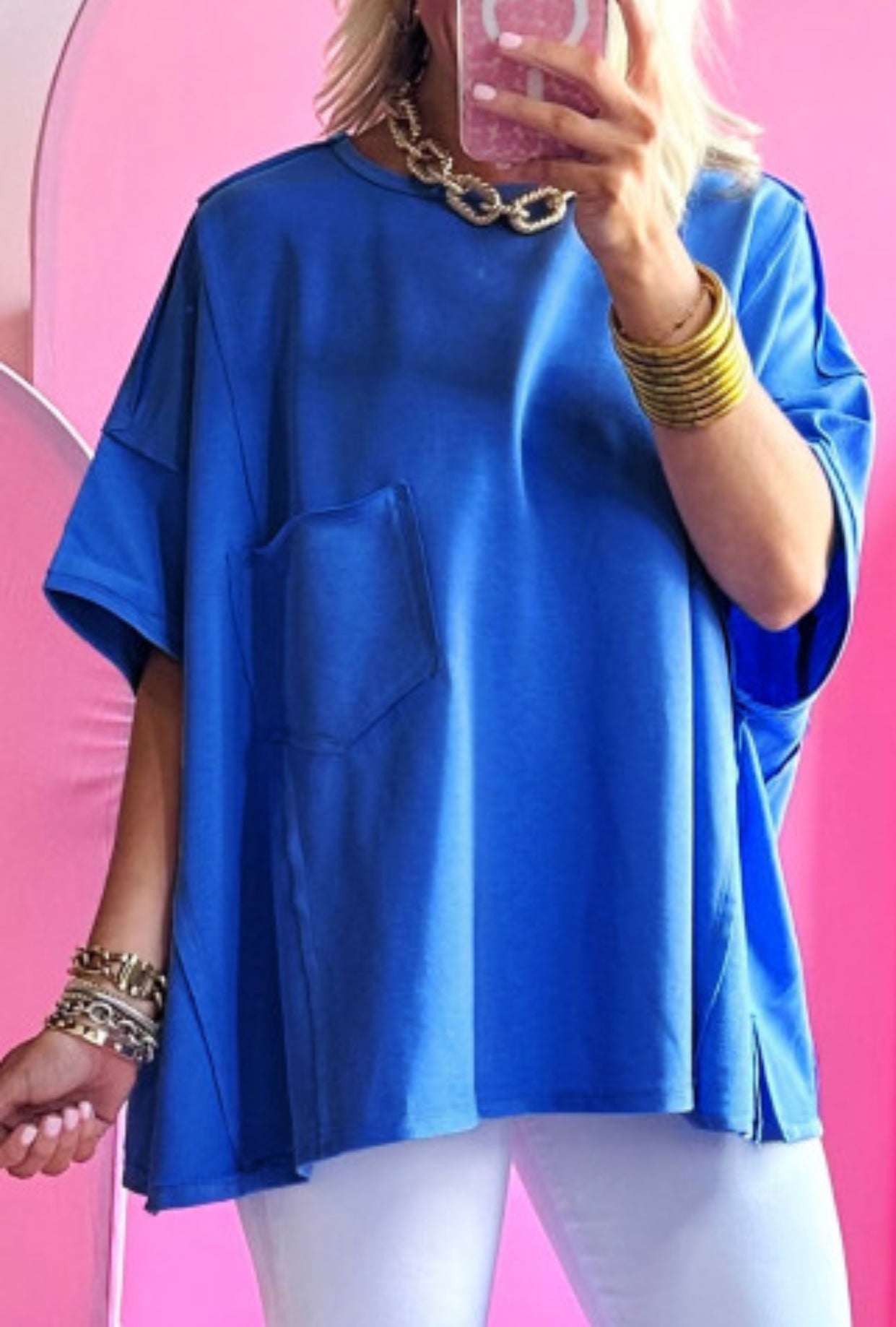 BLUE PATCH POCKET EXPOSED SEAM OVERSIZED TEE