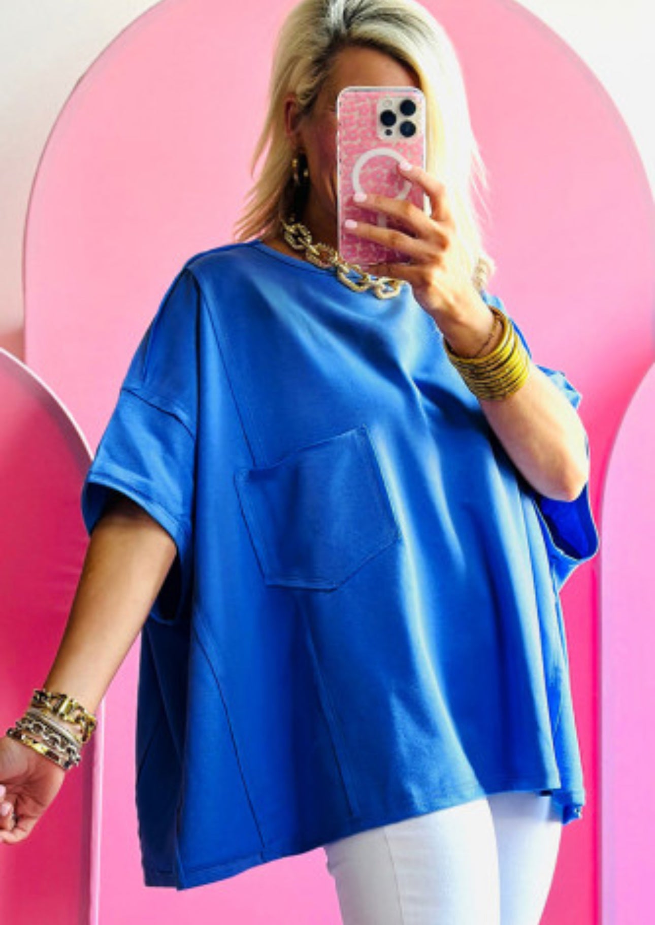 BLUE PATCH POCKET EXPOSED SEAM OVERSIZED TEE