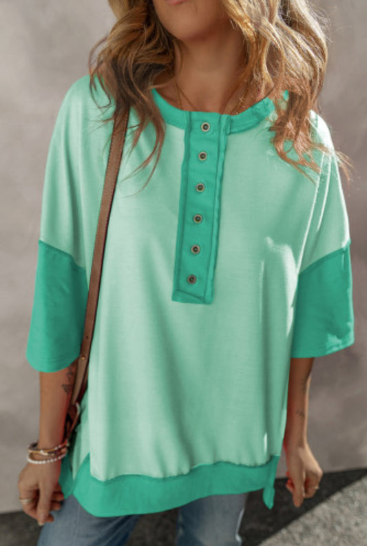 BRIGHT GREEN CONTRAST PATCHWORK HALF BUTTON TEE