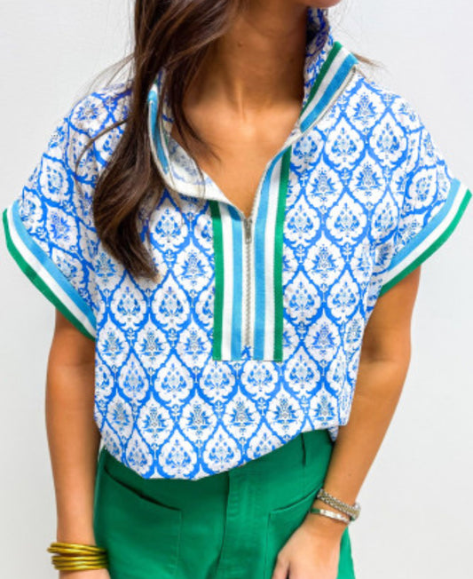 SKY BLUE WESTERN PRINT ZIP COLLAR TOP