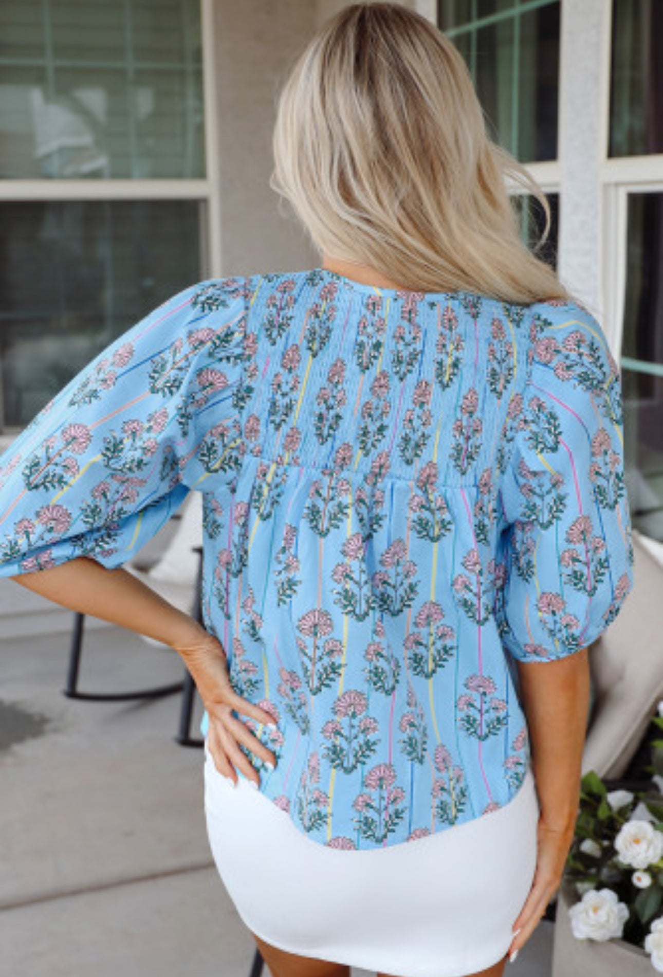 FLORAL STRIPED PRINT YOKE SPLIT NECK BLOUSE