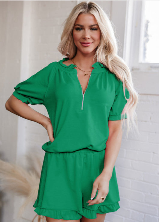 HALF ZIP PUFF SLEEVE TOP & RUFFLED SHORTS SET