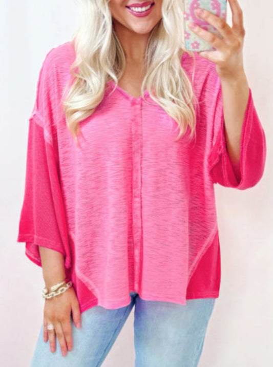 SACHET PINK CONTRAST PATCHWORK 3/4 SLEEVE TOP