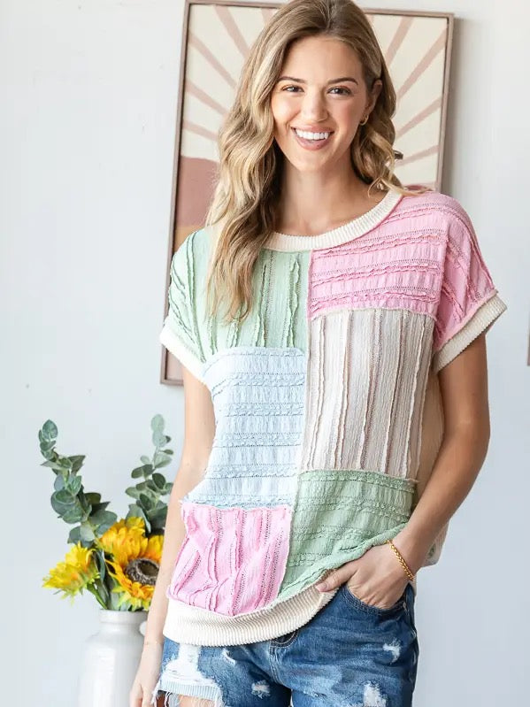 Color Block Textured Patchwork Short Sleeve Top