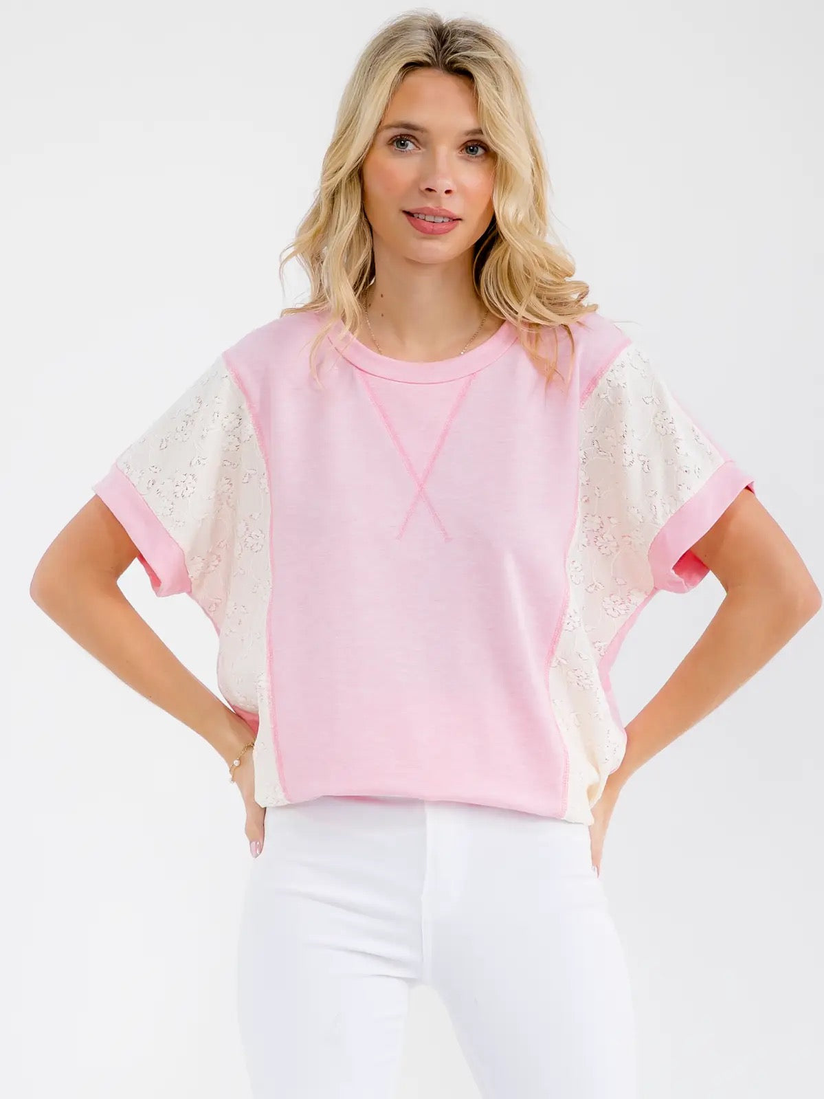 Contrast Floral Lace Short Sleeve Top