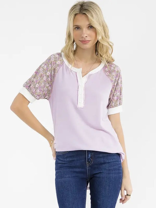 Floral Raglan Short Sleeve Henley Top