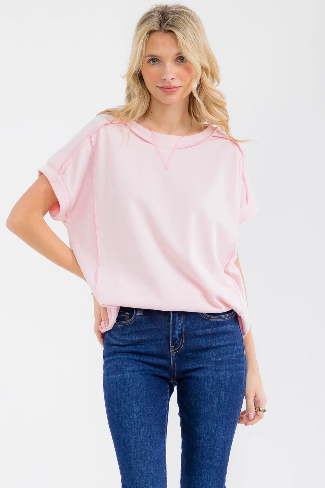 [Plus Size] Textured Contrast Seam Short Sleeve Top