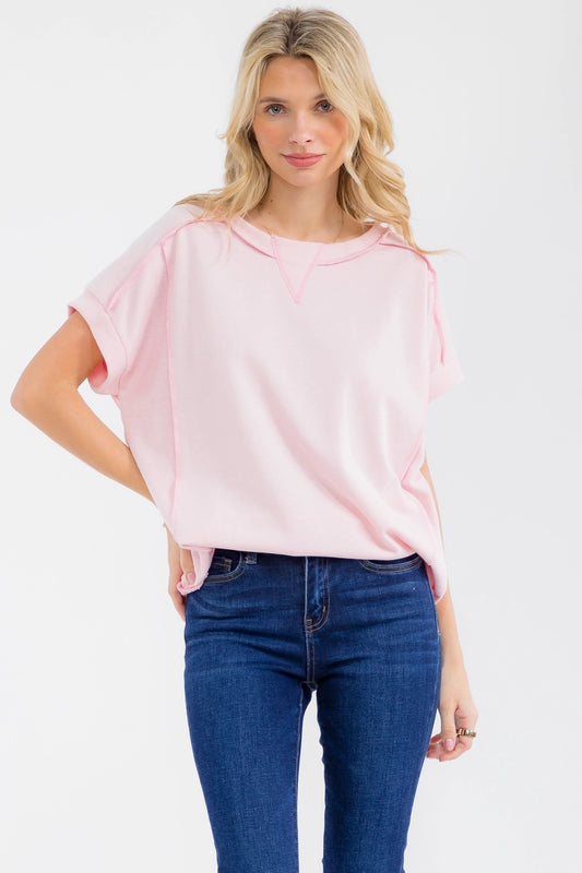 [Plus Size] Textured Contrast Seam Short Sleeve Top